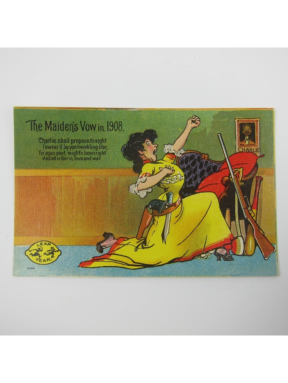 Leap Year Maiden's Vow Woman Hunts Man Guns Marriage Humor Unposted Antique 1908